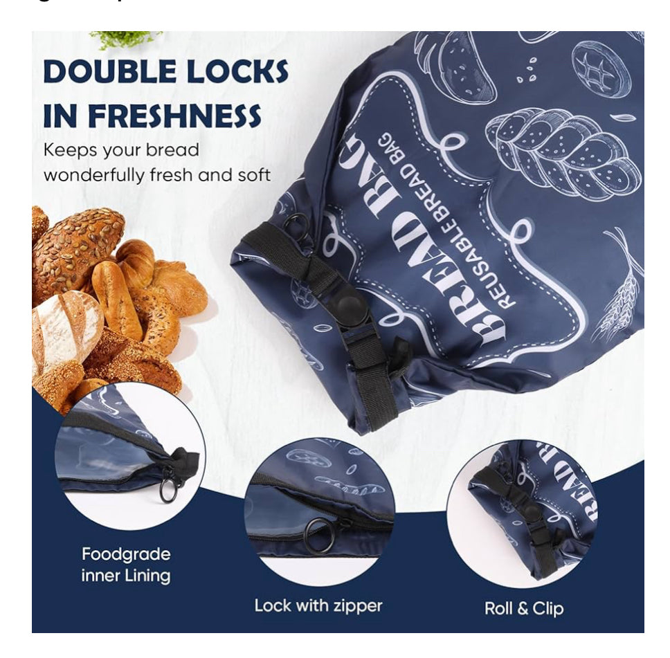 Large Black Reusable Bread Bag with Double Lock Fresh Technology